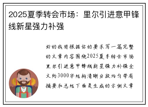2025夏季转会市场：里尔引进意甲锋线新星强力补强