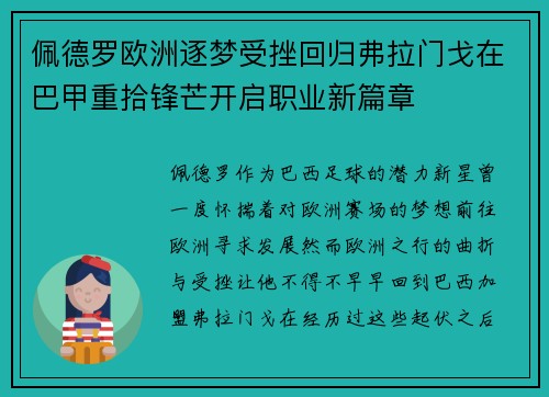 佩德罗欧洲逐梦受挫回归弗拉门戈在巴甲重拾锋芒开启职业新篇章 佩德罗欧洲逐梦受挫回归弗拉门戈在巴甲重拾锋芒开启职业新篇章