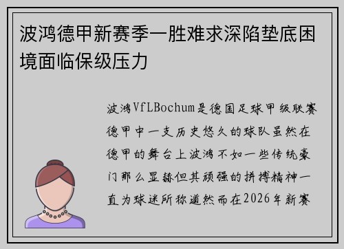 波鸿德甲新赛季一胜难求深陷垫底困境面临保级压力 波鸿德甲新赛季一胜难求深陷垫底困境面临保级压力