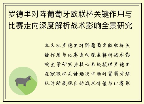 罗德里对阵葡萄牙欧联杯关键作用与比赛走向深度解析战术影响全景研究